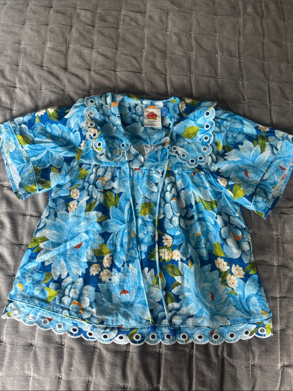 FARM Rio Blue Floral Eyelet-Trim Blouse